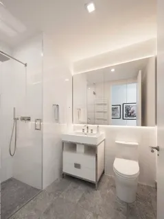 a bathroom with a toilet sink and mirror