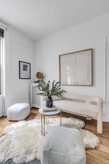 a living room with furniture and a potted plant