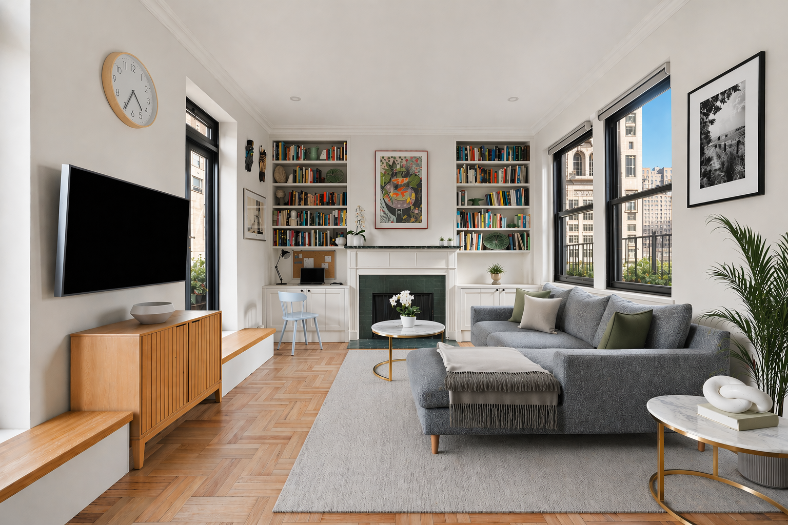 151 East 83rd Street, Unit PHC Manhattan, NY 10028 - Photo 3 of 16 a living room with furniture a flat screen tv and a fireplace