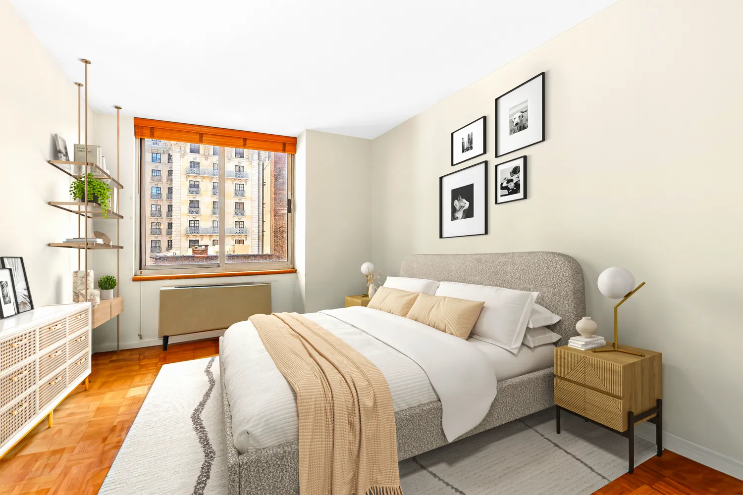 a bedroom with a bed and a large window