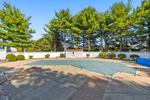 a view of yard with swimming pool and trees in the background