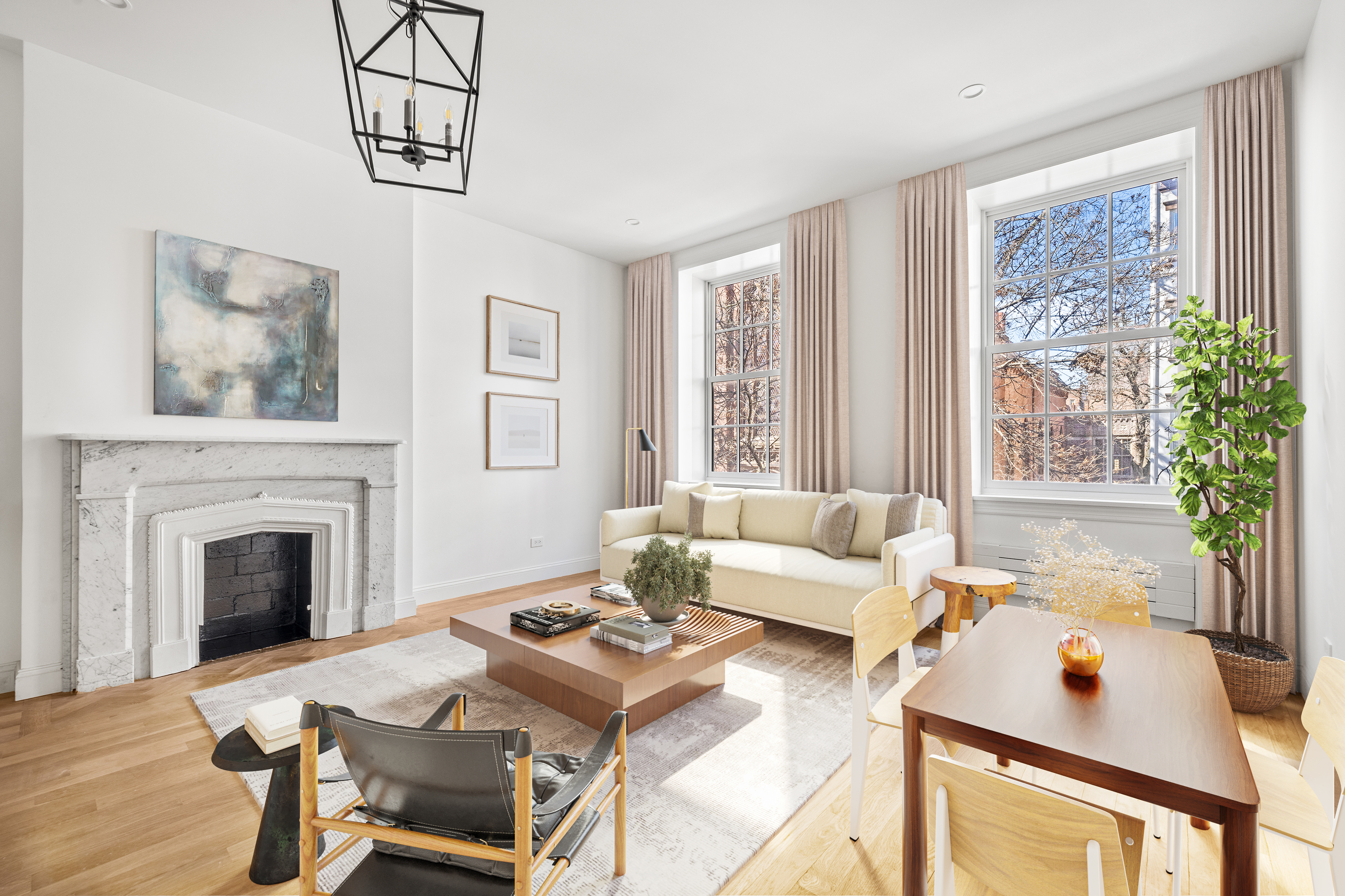 119 Henry Street, Unit 3 Brooklyn, NY 11201 - Photo 2 of 14 a living room with furniture a fireplace and a floor to ceiling window