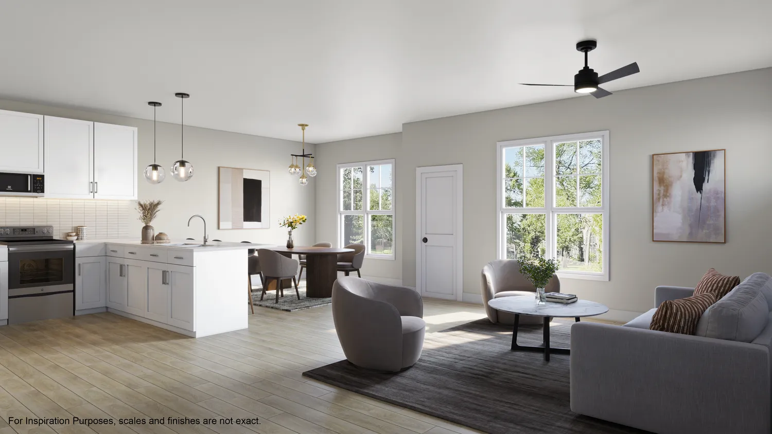 a living room with furniture kitchen view and a window