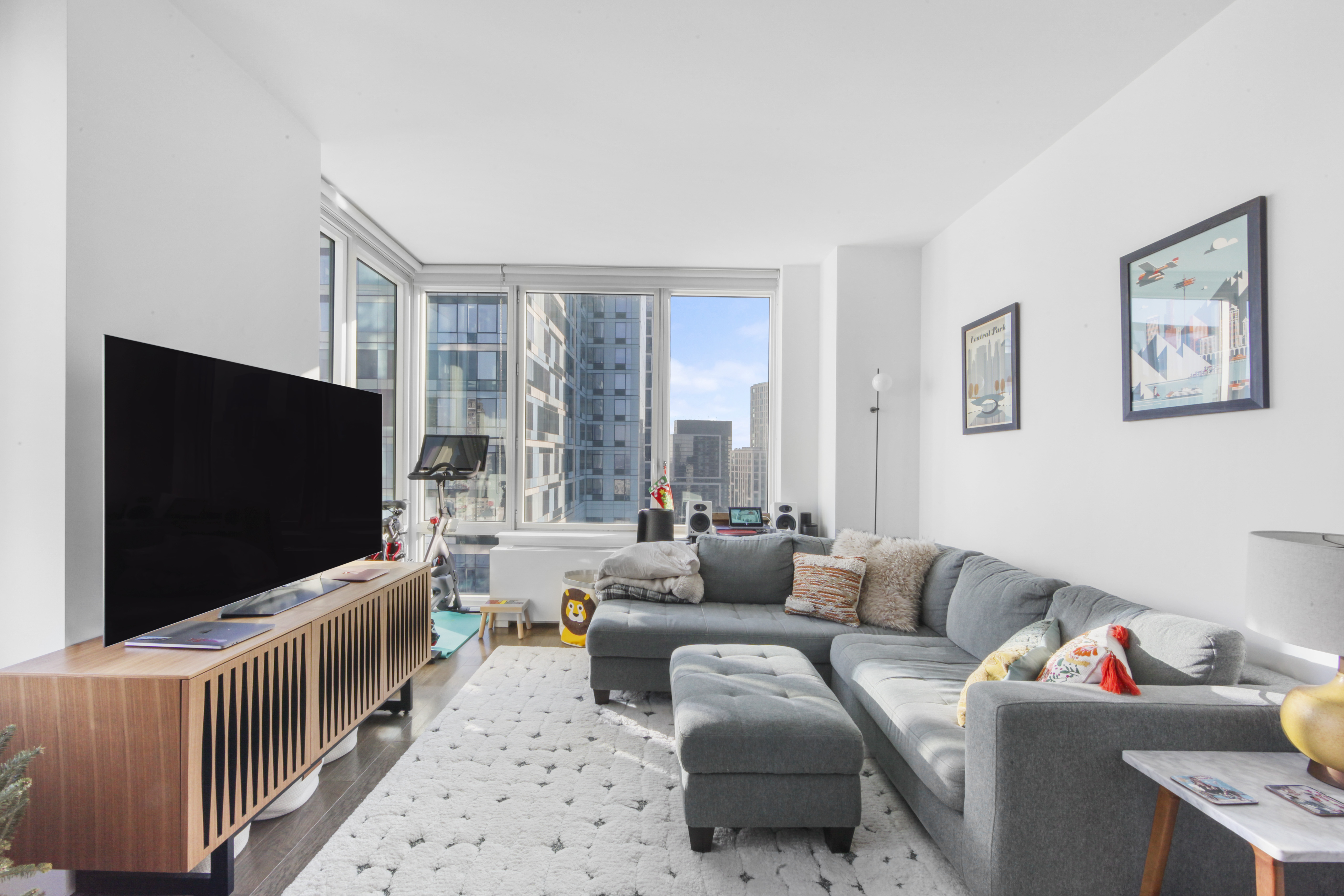 388 Bridge Street, Unit 32G Brooklyn, NY 11201 - Photo 2 of 15 a living room with furniture and a flat screen tv