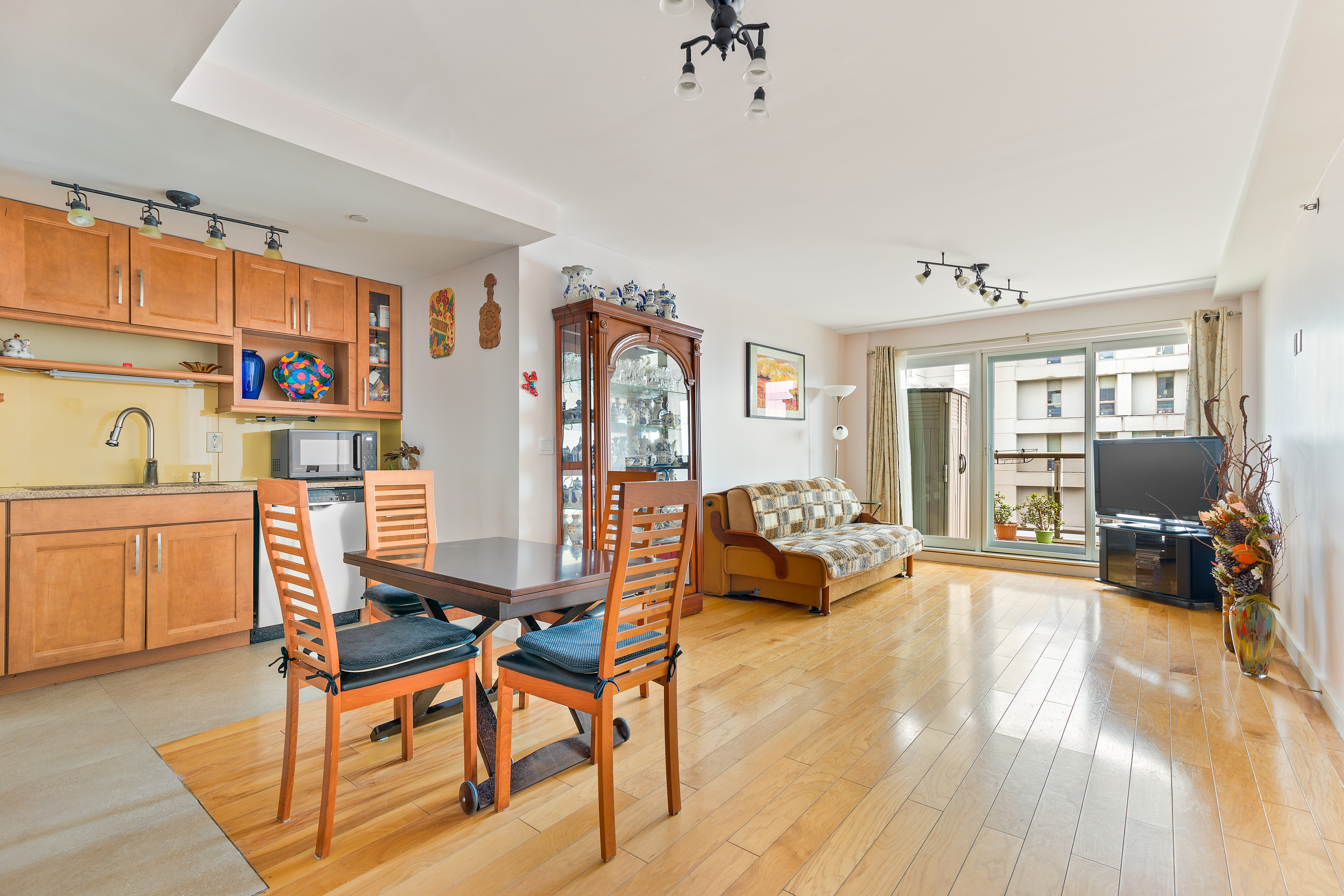 a living room with furniture and a table