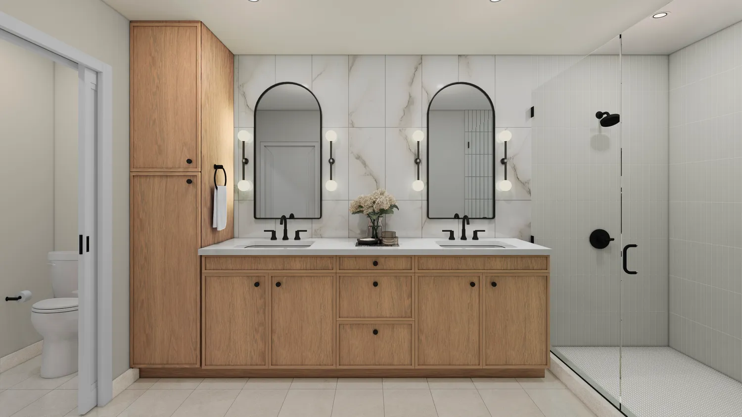 a bathroom with a double vanity sink and mirror with shower