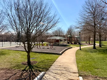 a view of a swimming pool with a bench