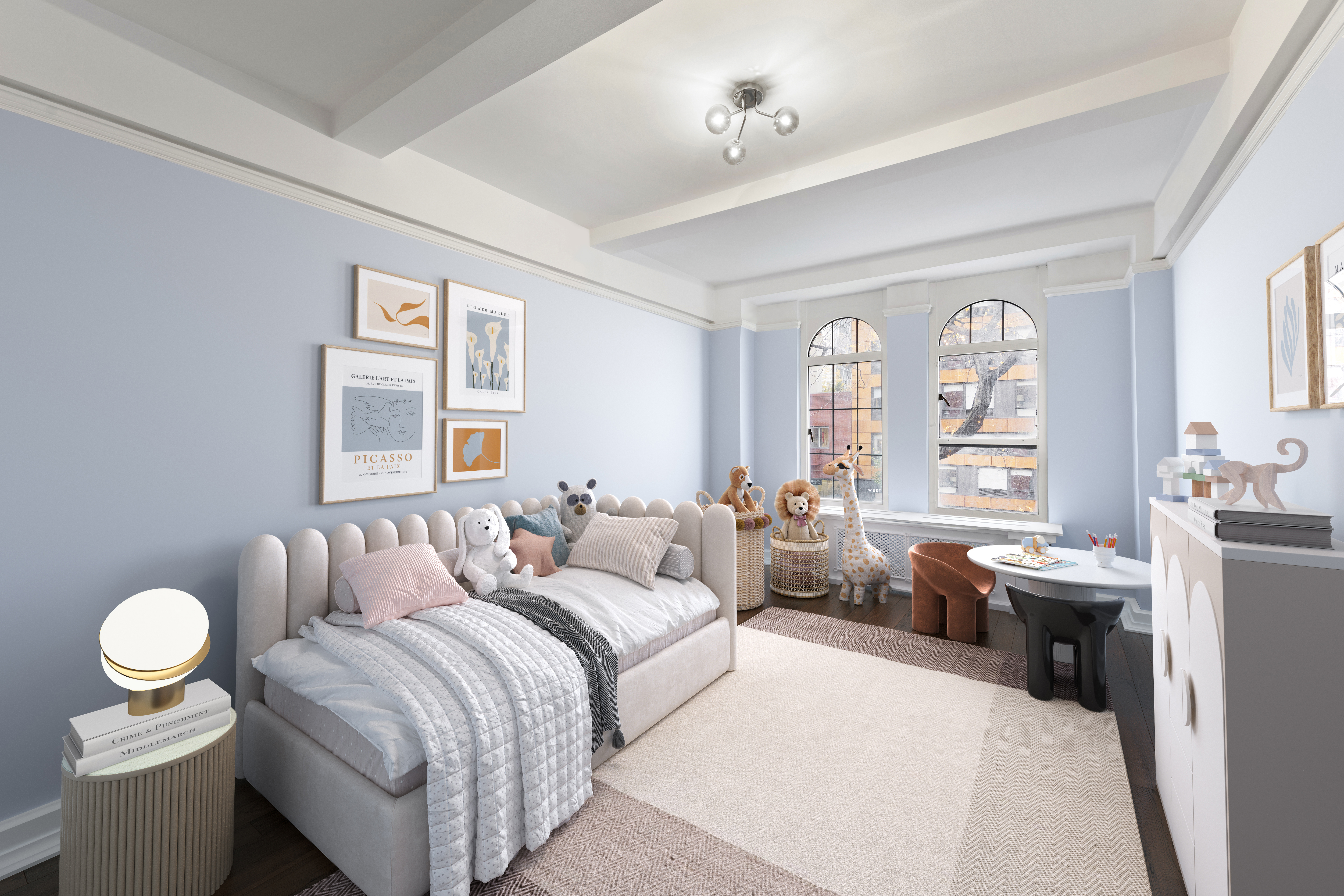 470 West 24th Street, Unit 2C Manhattan, NY 10011 - Photo 8 of 15 a bedroom with a bed and a chandelier