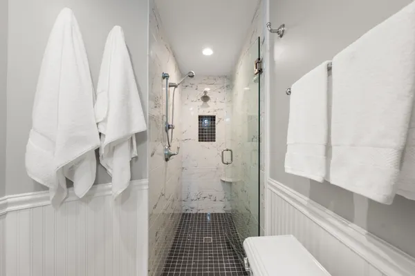 a bathroom with a shower and a toilet