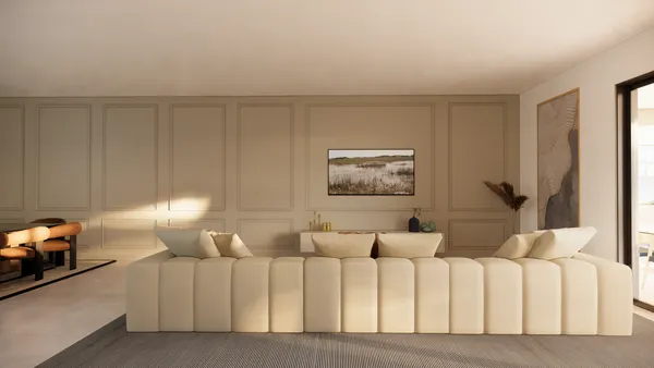 a living room with furniture a lamp and a window