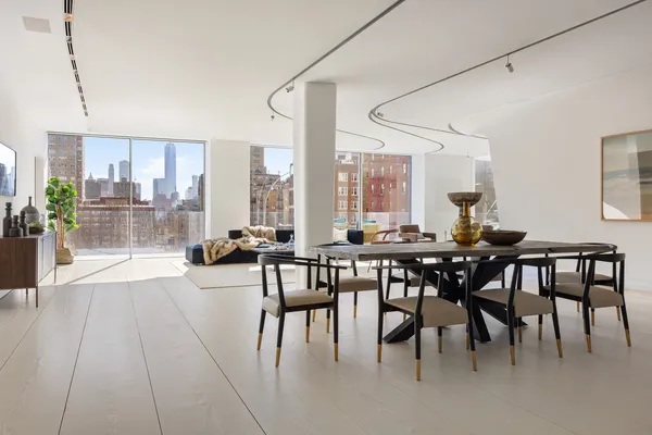 a view of a dining room with furniture and a potted plant
