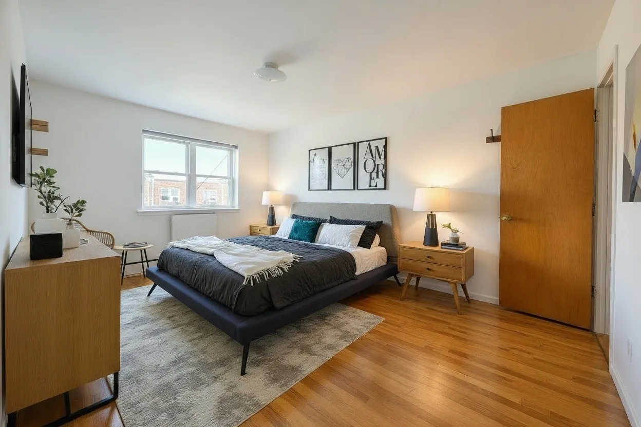 a bedroom with a bed and wooden floor