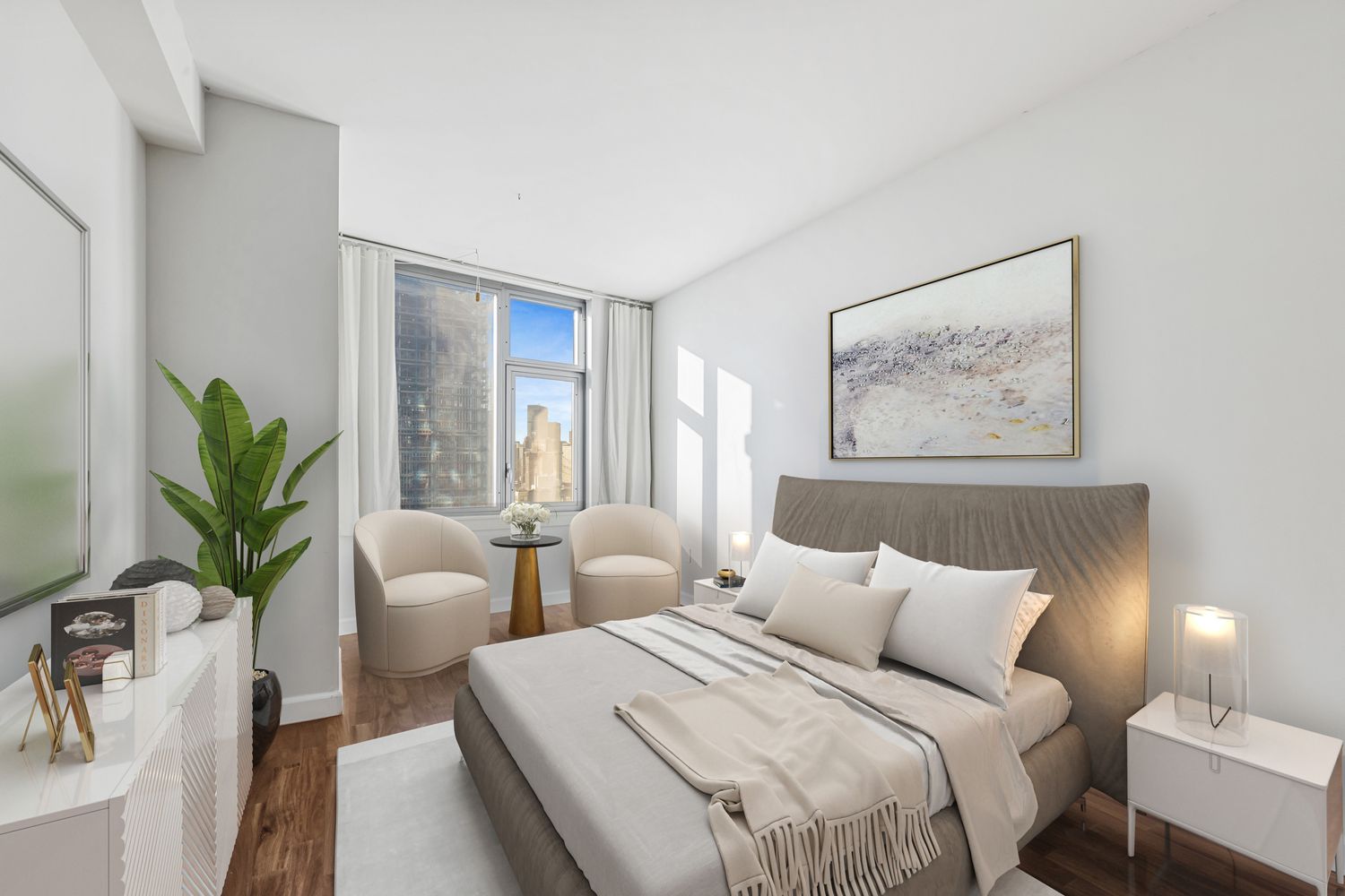 100 Jay Street, Unit 21J Brooklyn, NY 11201 - Photo 3 of 13 a bedroom with bed and a potted plant