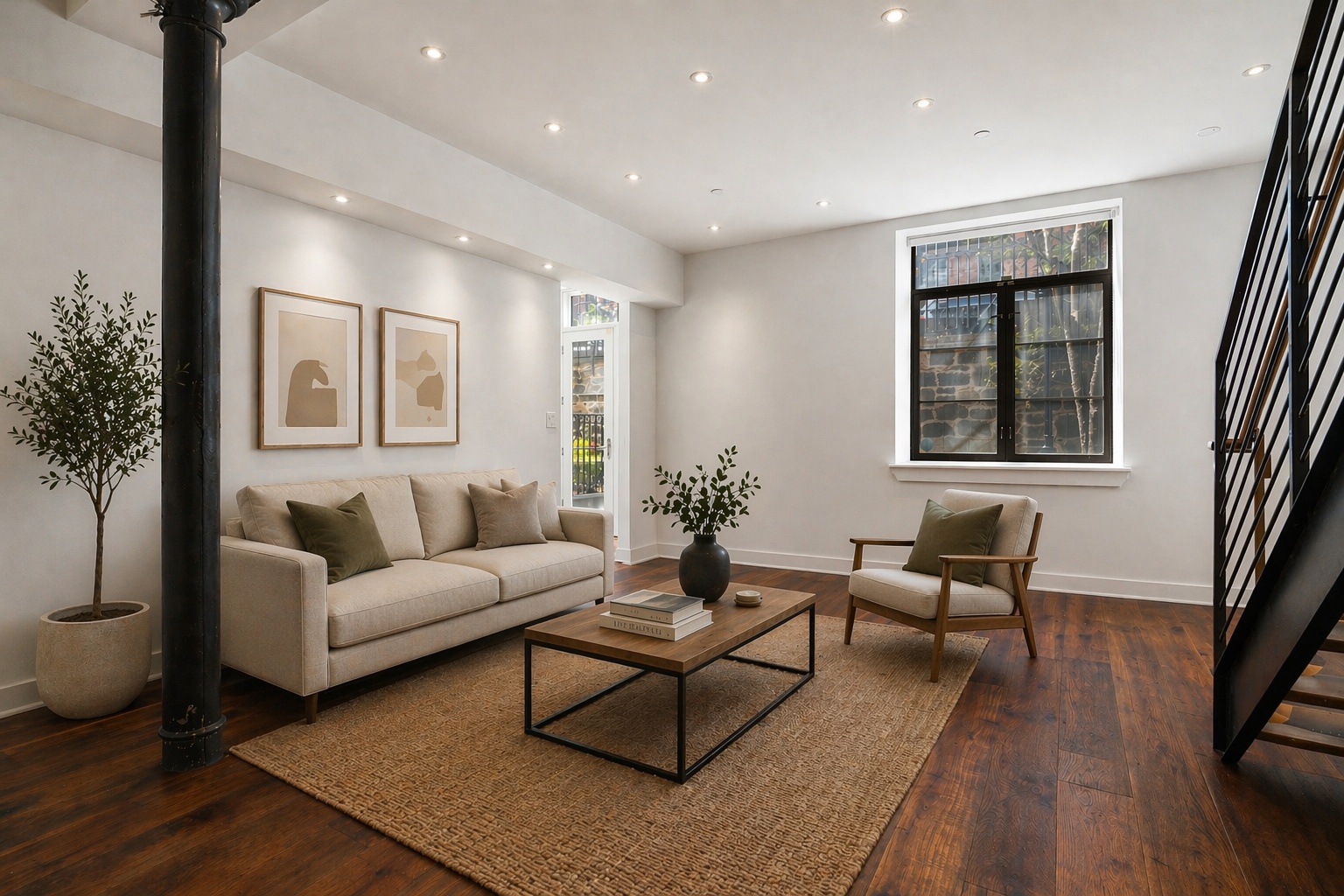 a living room with furniture and a potted plant