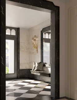 a living room with a bed and a window