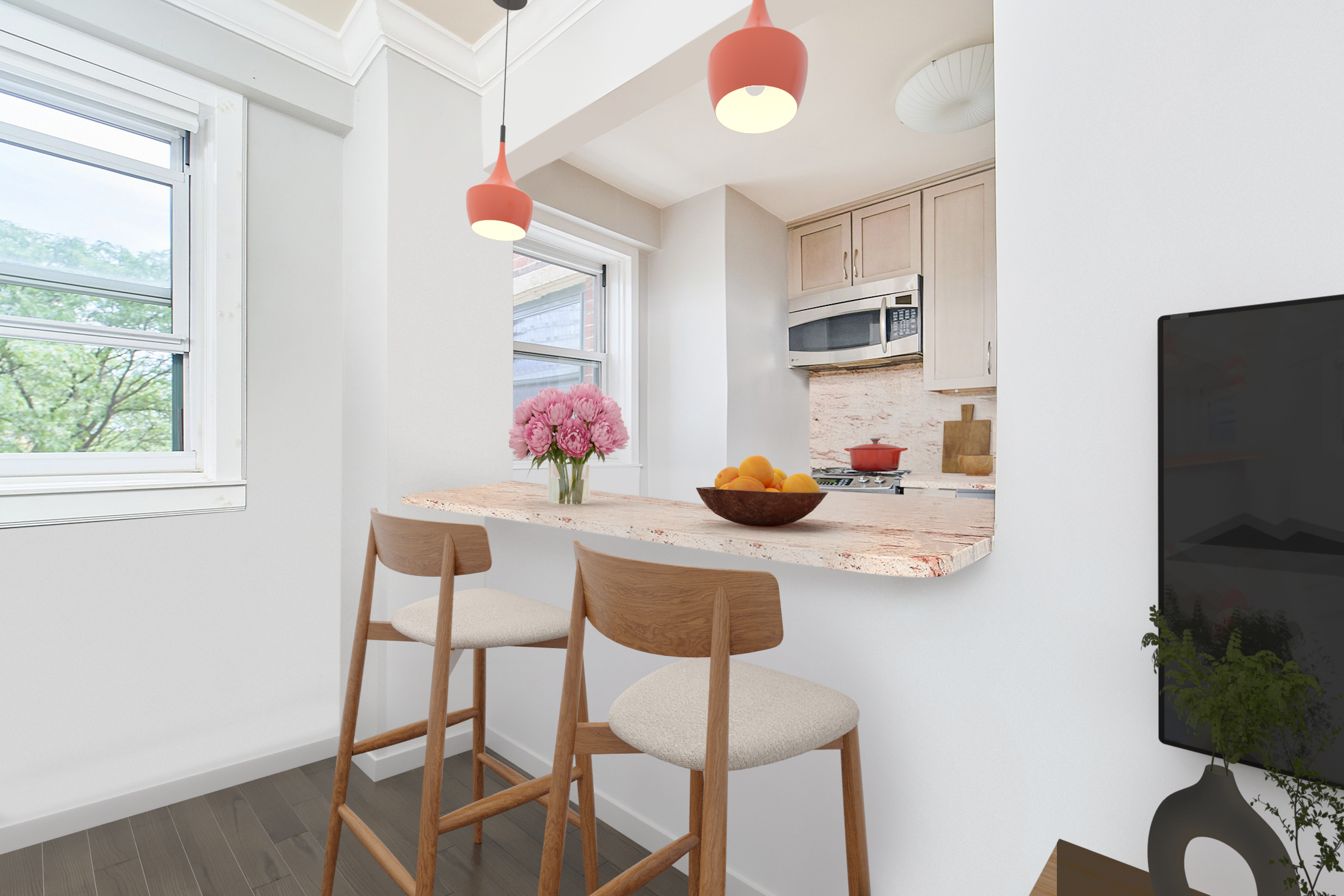 175 Willoughby Street, Unit 6K Brooklyn, NY 11201 - Photo 3 of 14 a kitchen with stainless steel appliances kitchen island granite countertop a table and chairs in it