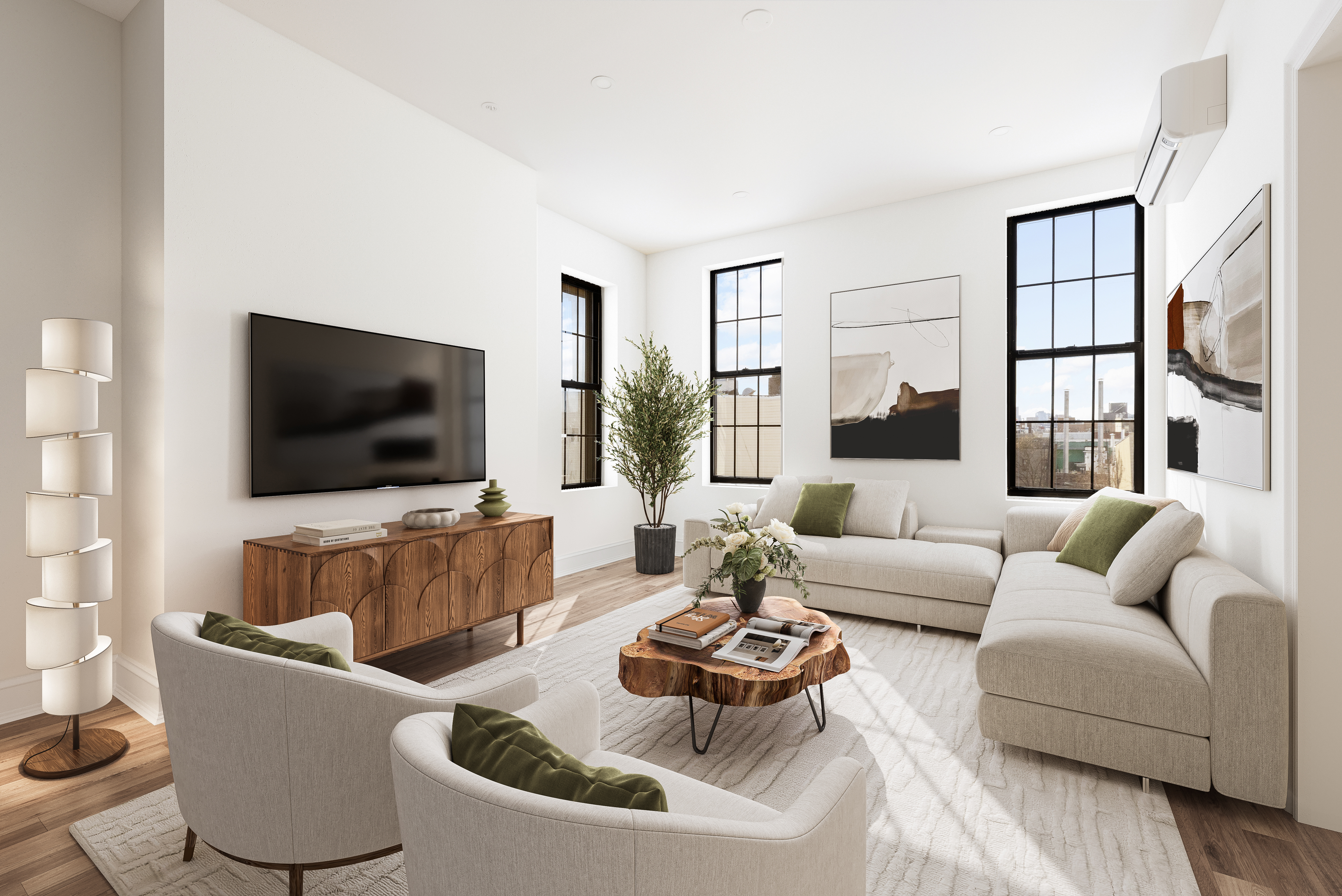 152 North 10th Street, Unit 1R Brooklyn, NY 11249 - Photo 4 of 18 a living room with furniture and a flat screen tv