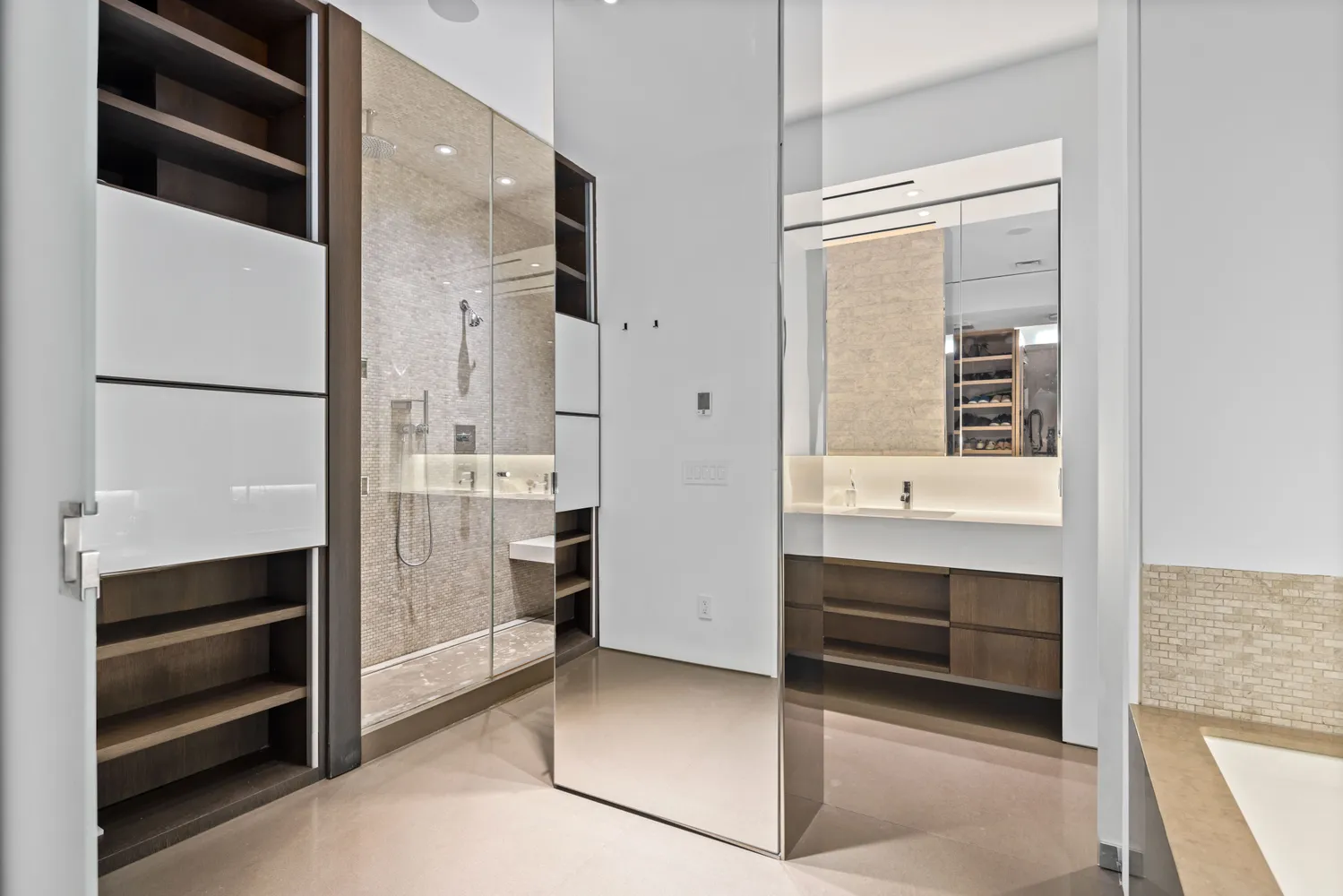 a bathroom with a double vanity sink and a mirror