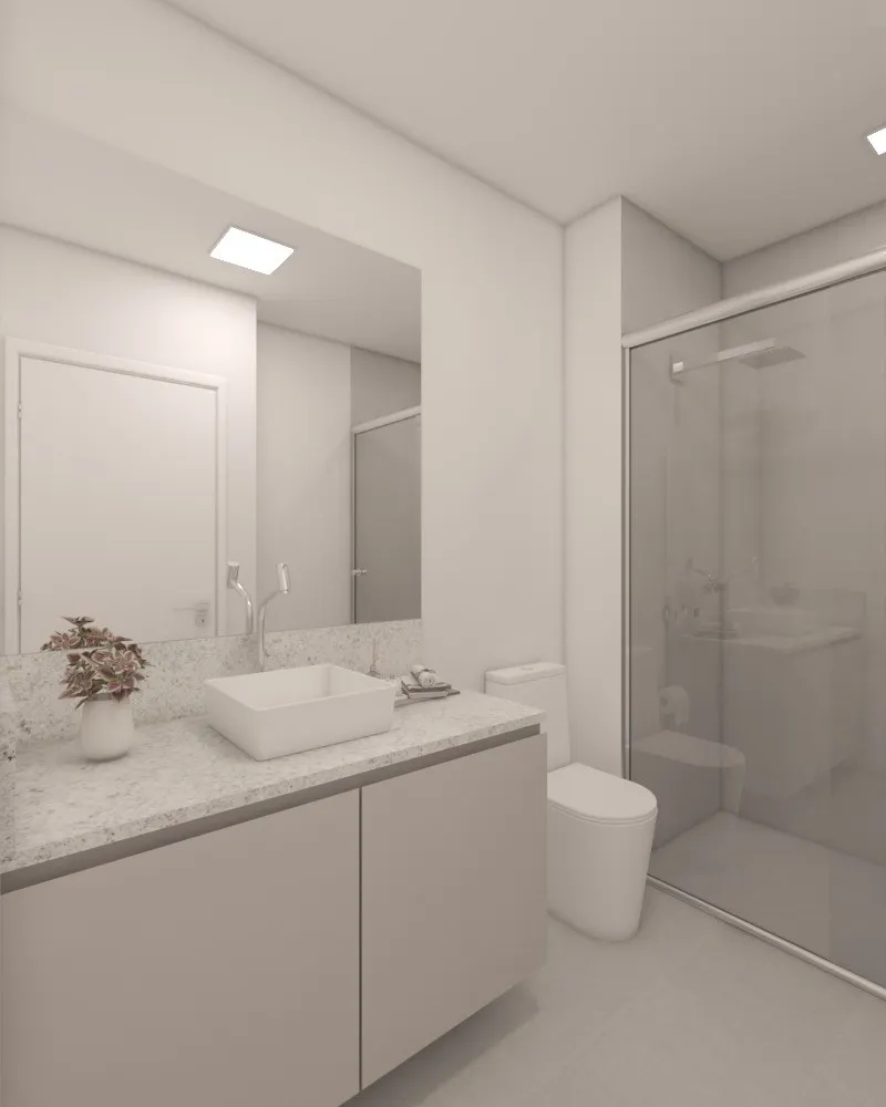 a bathroom with a granite countertop sink mirror vanity and toilet