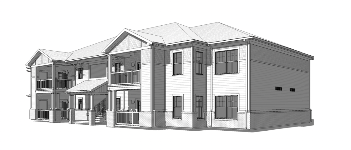 a black and white building with a outdoor space