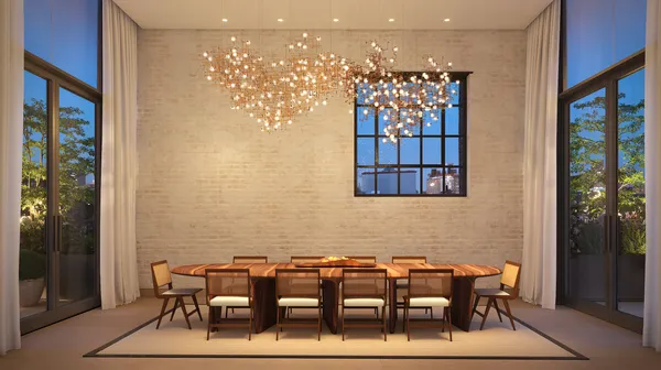 a view of a dining room with furniture window and outdoor view
