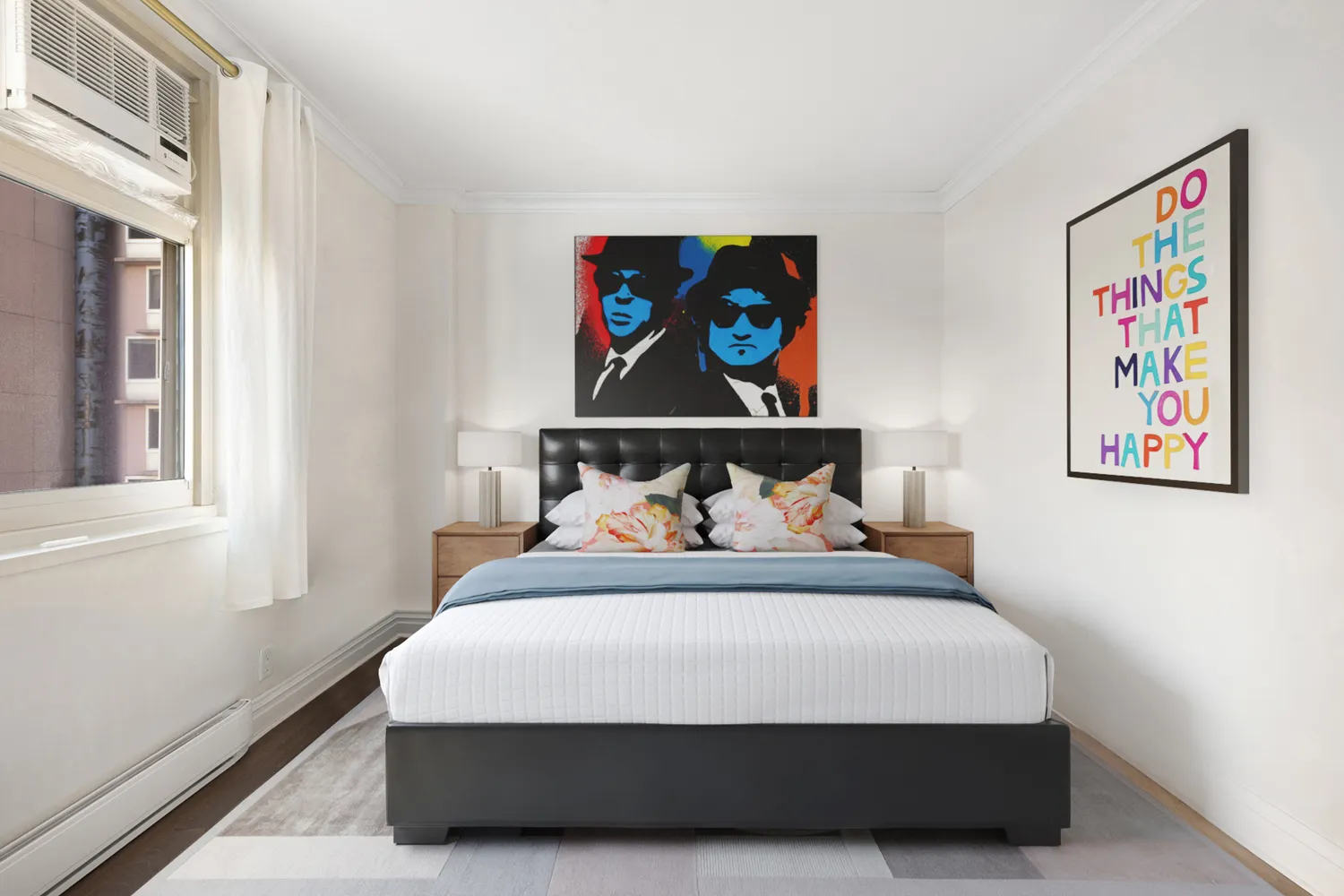 a bedroom with a bed and wall painting