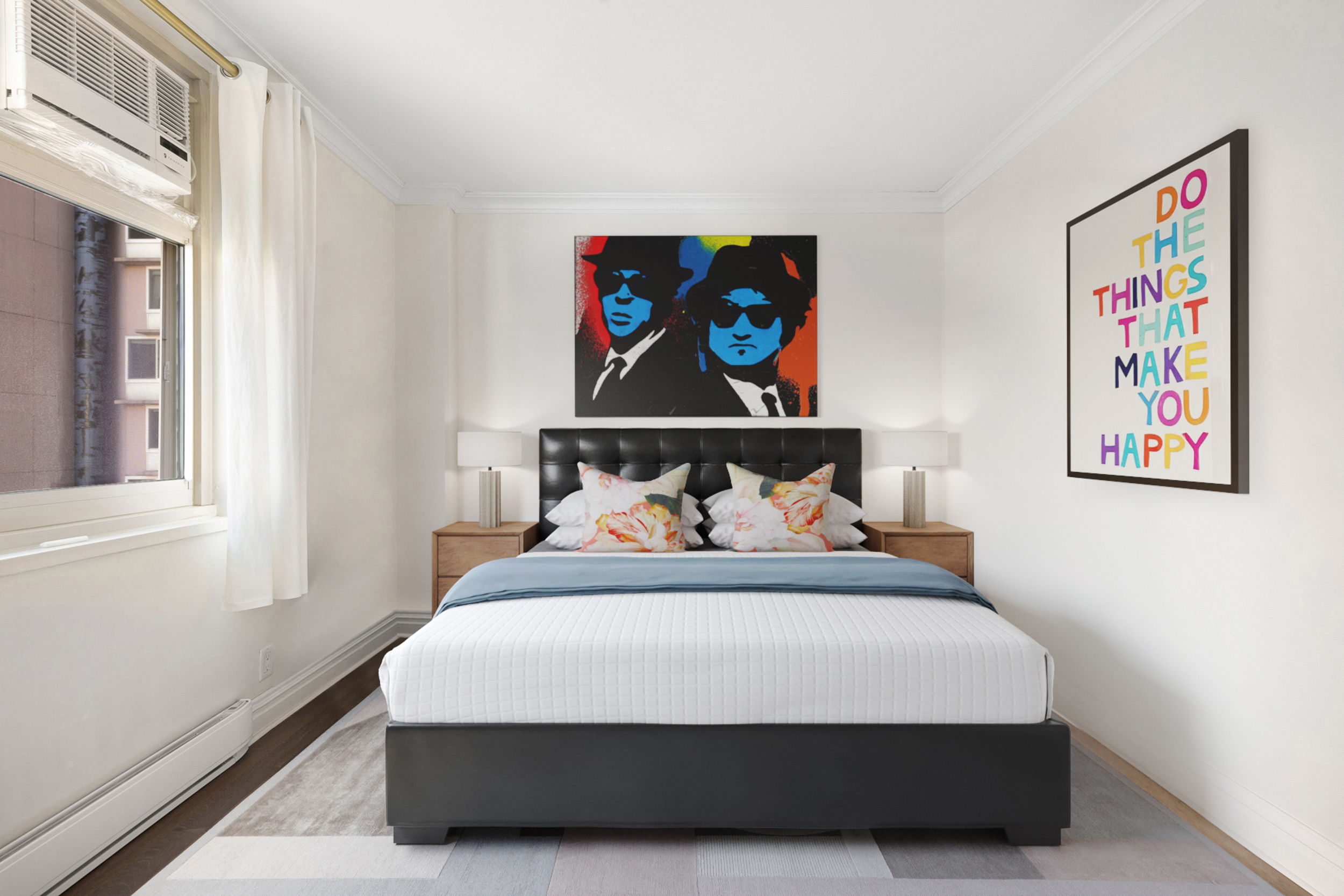 555 Main Street, Unit 1002 Manhattan, NY 10044 - Photo 7 of 14 a bedroom with a bed and wall painting