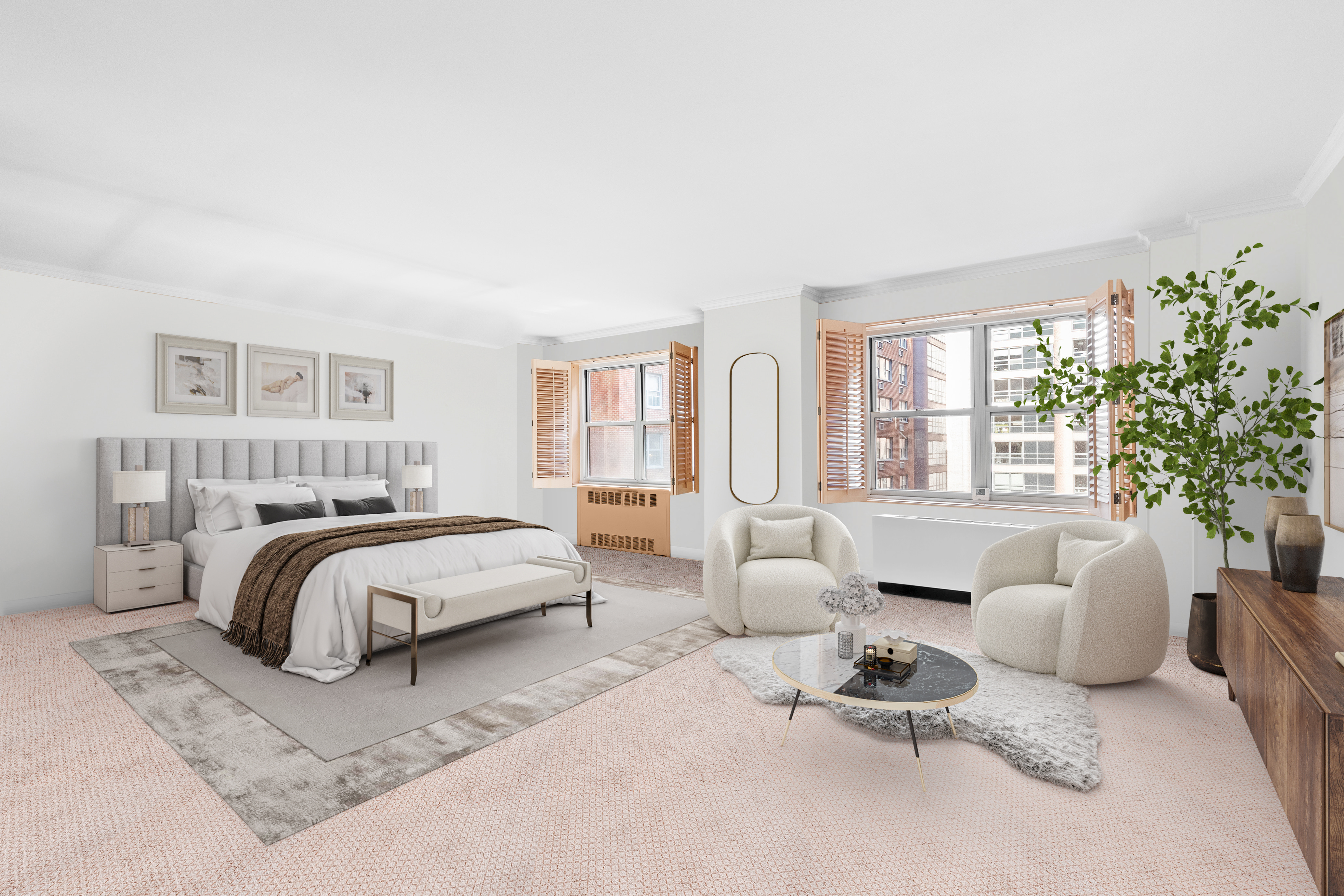50 Sutton Place South, Unit 7A Manhattan, NY 10022 - Photo 10 of 16 a spacious bedroom with a bed and a couch