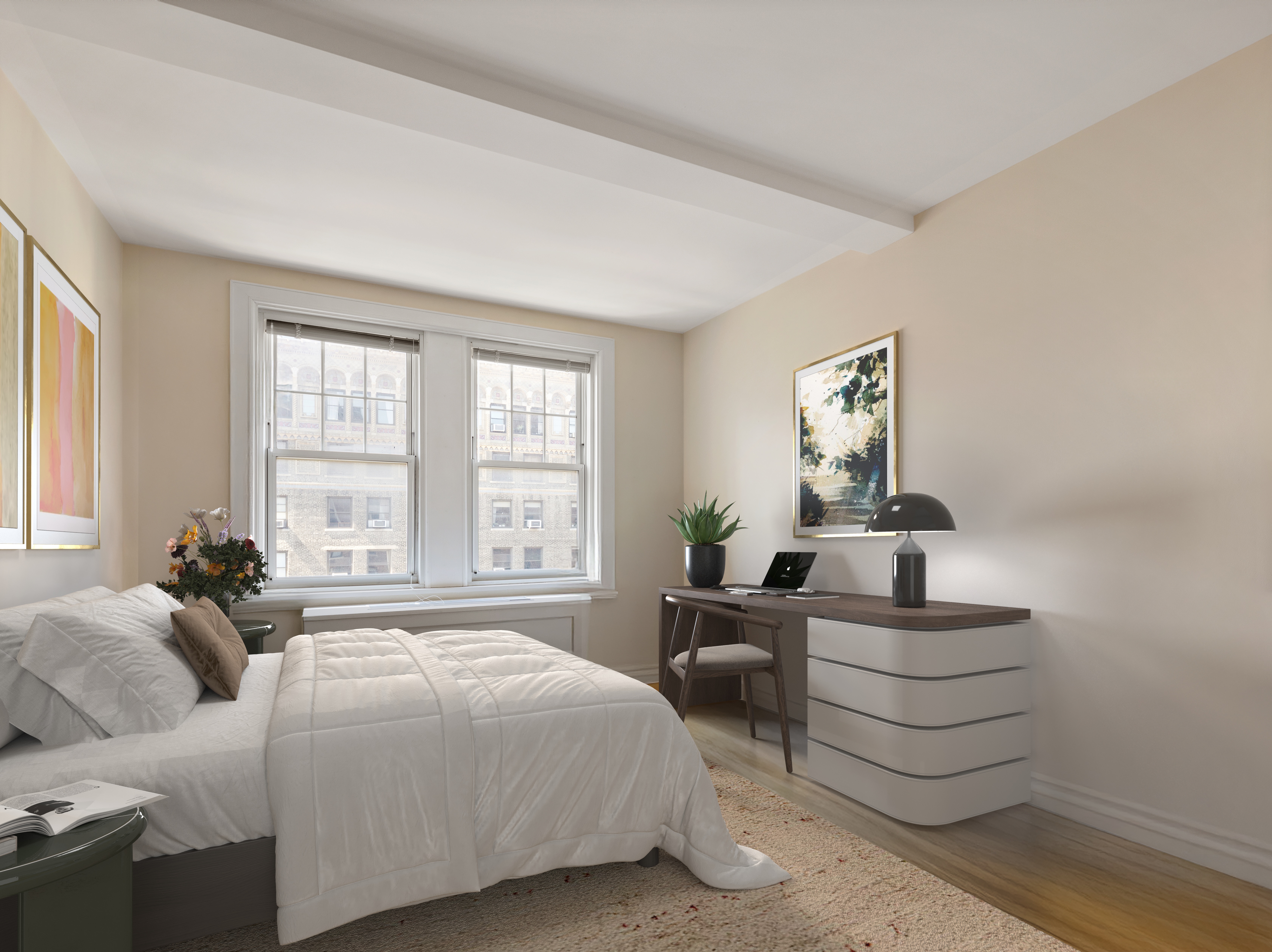 27 West 72nd Street, Unit 1403 Manhattan, NY 10023 - Photo 8 of 18 a bedroom with a bed and a table in it with window