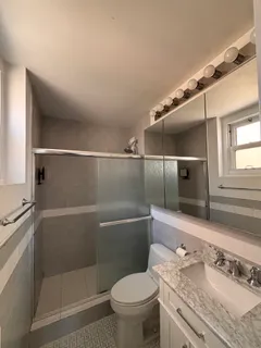 a bathroom with a granite countertop sink toilet and shower