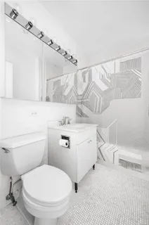 a bathroom with a sink a toilet and a shower