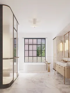 a spacious bedroom with a large bed and a large window