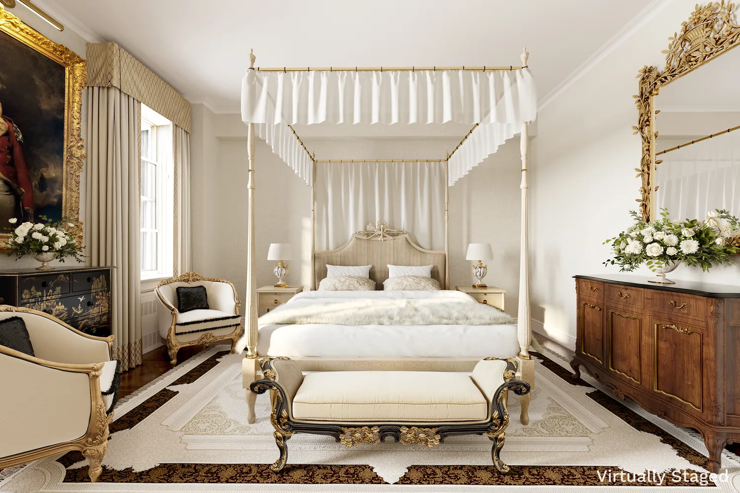 a bedroom with furniture and wooden floor