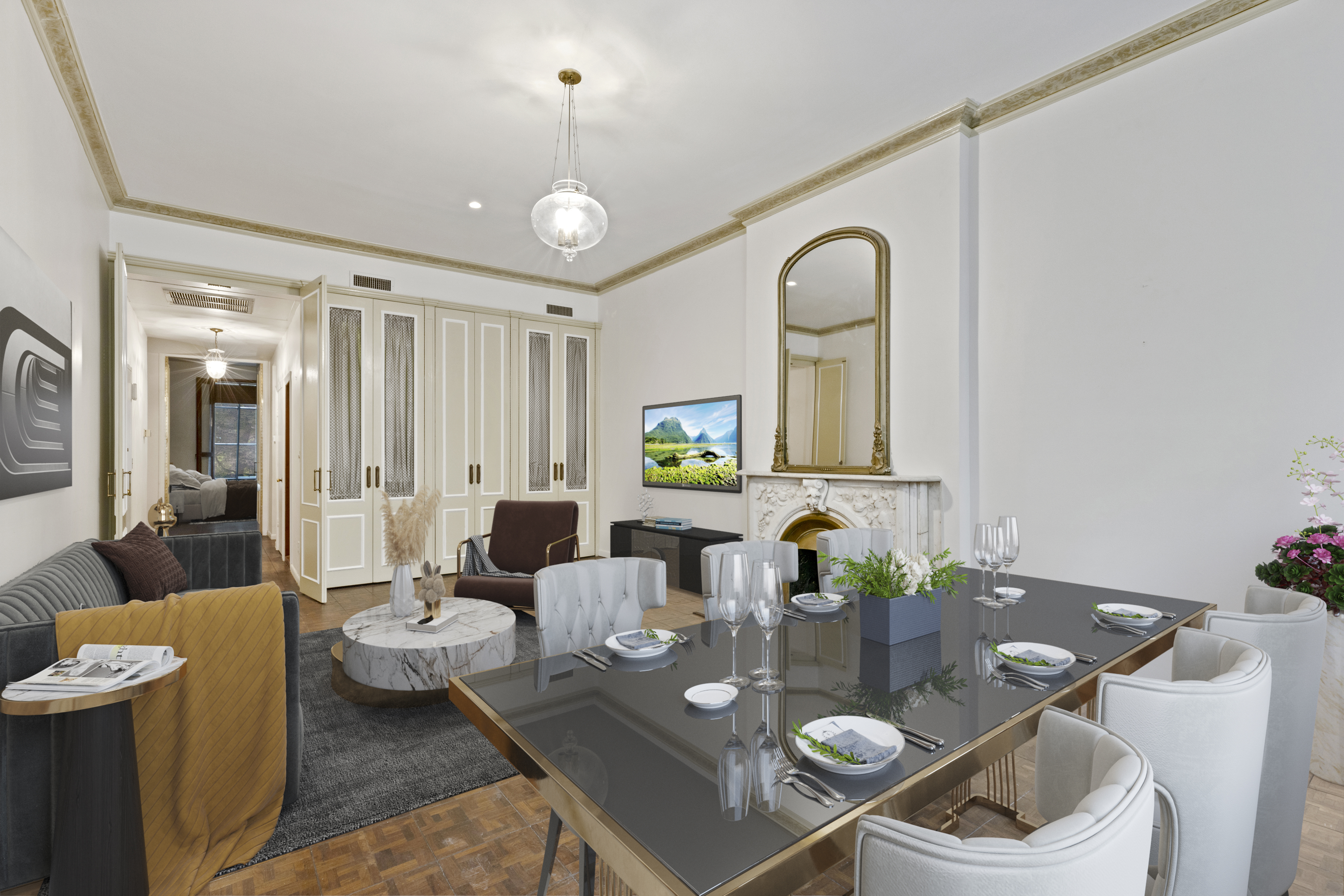 136 East 30th Street, Unit DUPLEX Manhattan, NY 10016 - Photo 3 of 26 a living room with furniture potted plant and a mirror