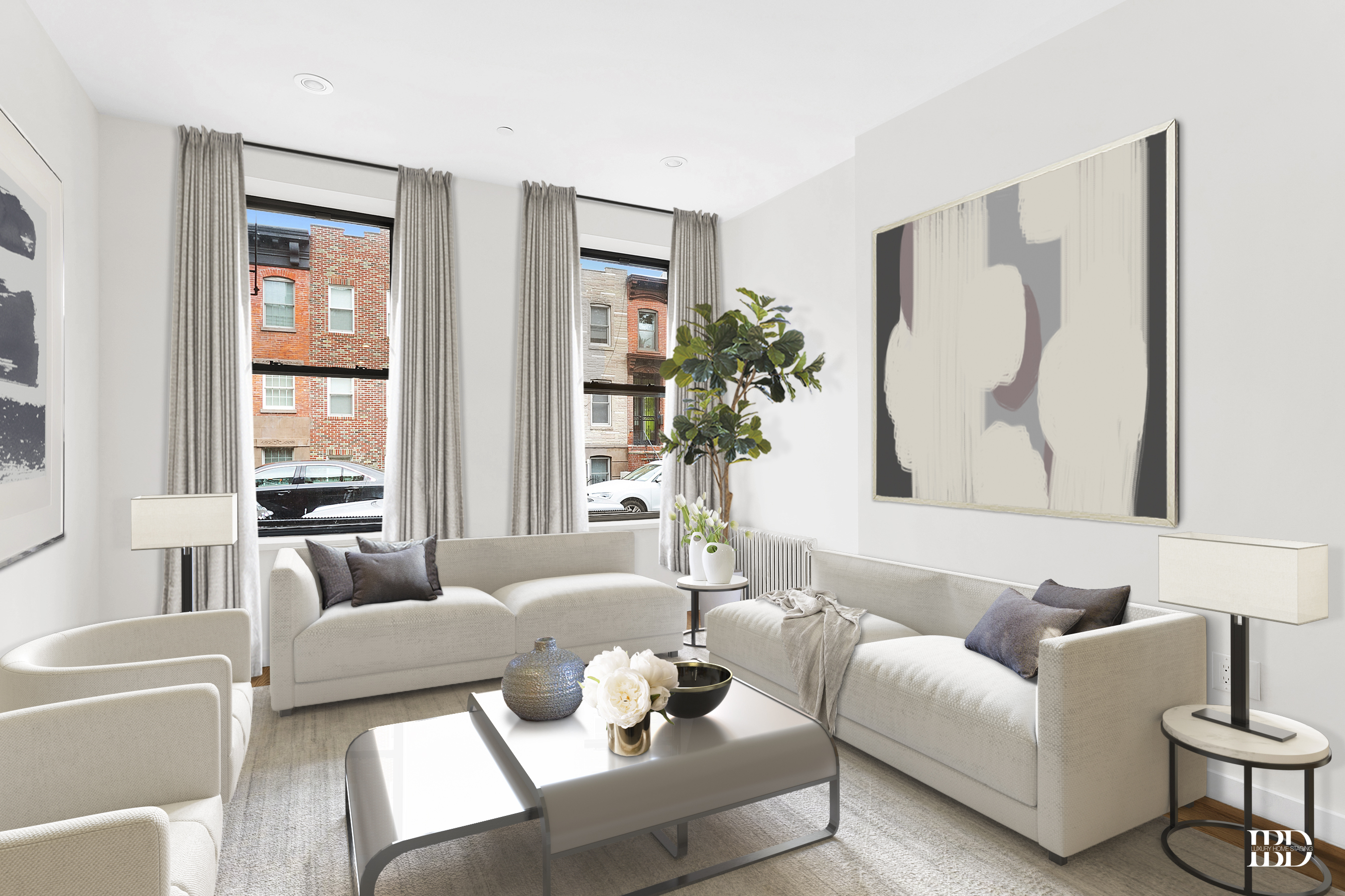 a living room with furniture and a large window