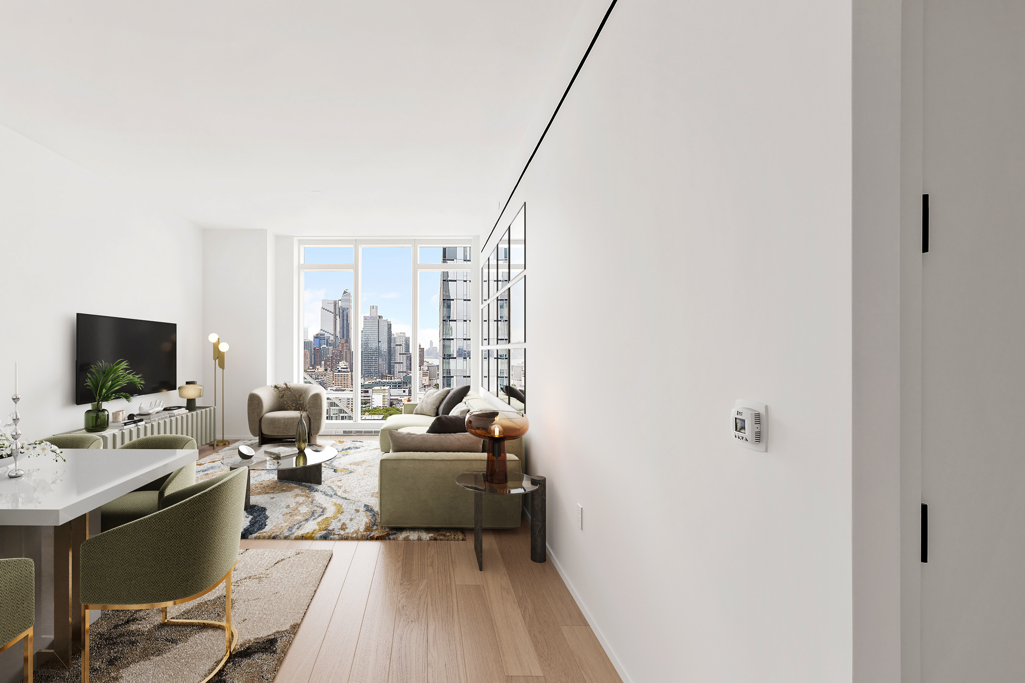 30 Riverside Boulevard, Unit 32G Manhattan, NY 10069 - Photo 2 of 9 a living room with furniture and a flat screen tv