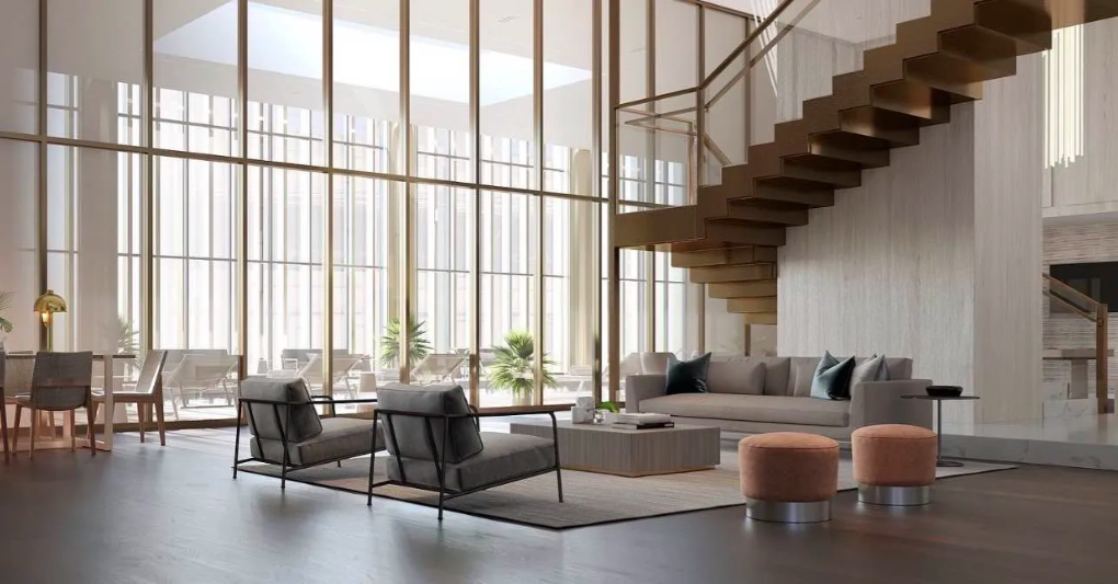 45-3 Court Square, Unit 5906 Queens, NY 11101 - Photo 10 of 12 a living room with furniture and floor to ceiling windows