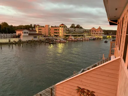 a lake view with boat and palm trees