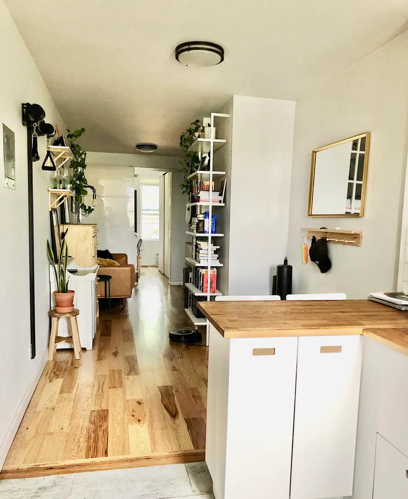 a living room with a rug