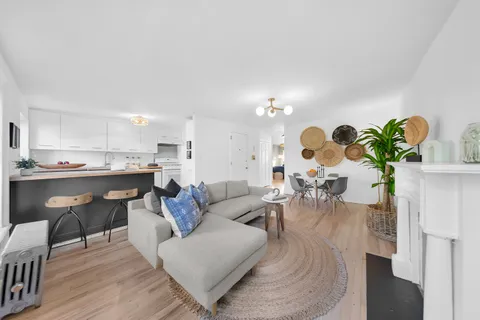 a living room with furniture kitchen view and a potted plant