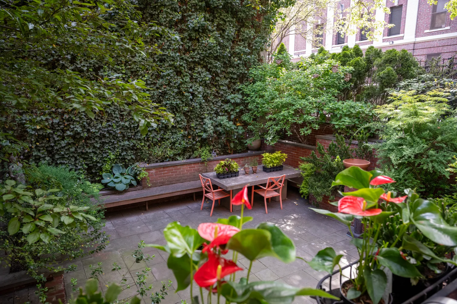a view of a building with a garden