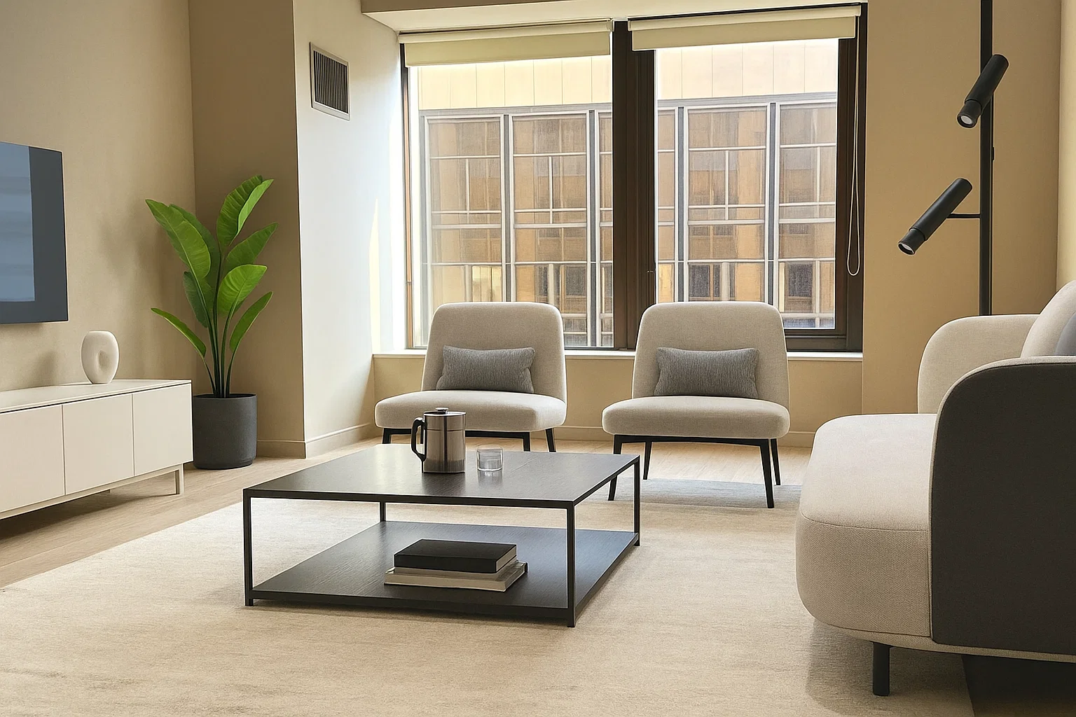 a living room with furniture and a potted plant