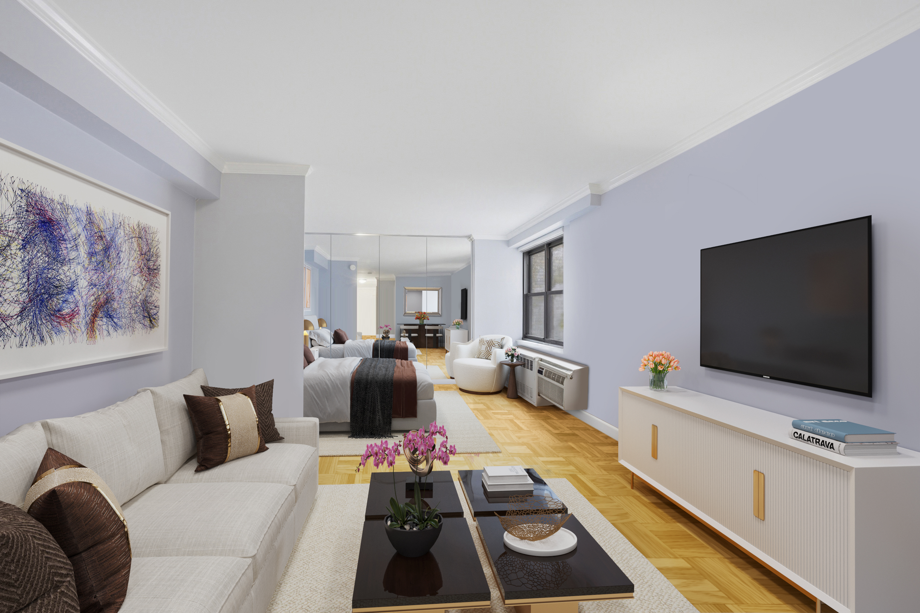 345 East 81st Street, Unit 8G Manhattan, NY 10028 - Photo 1 of 17 a living room with furniture and a flat screen tv