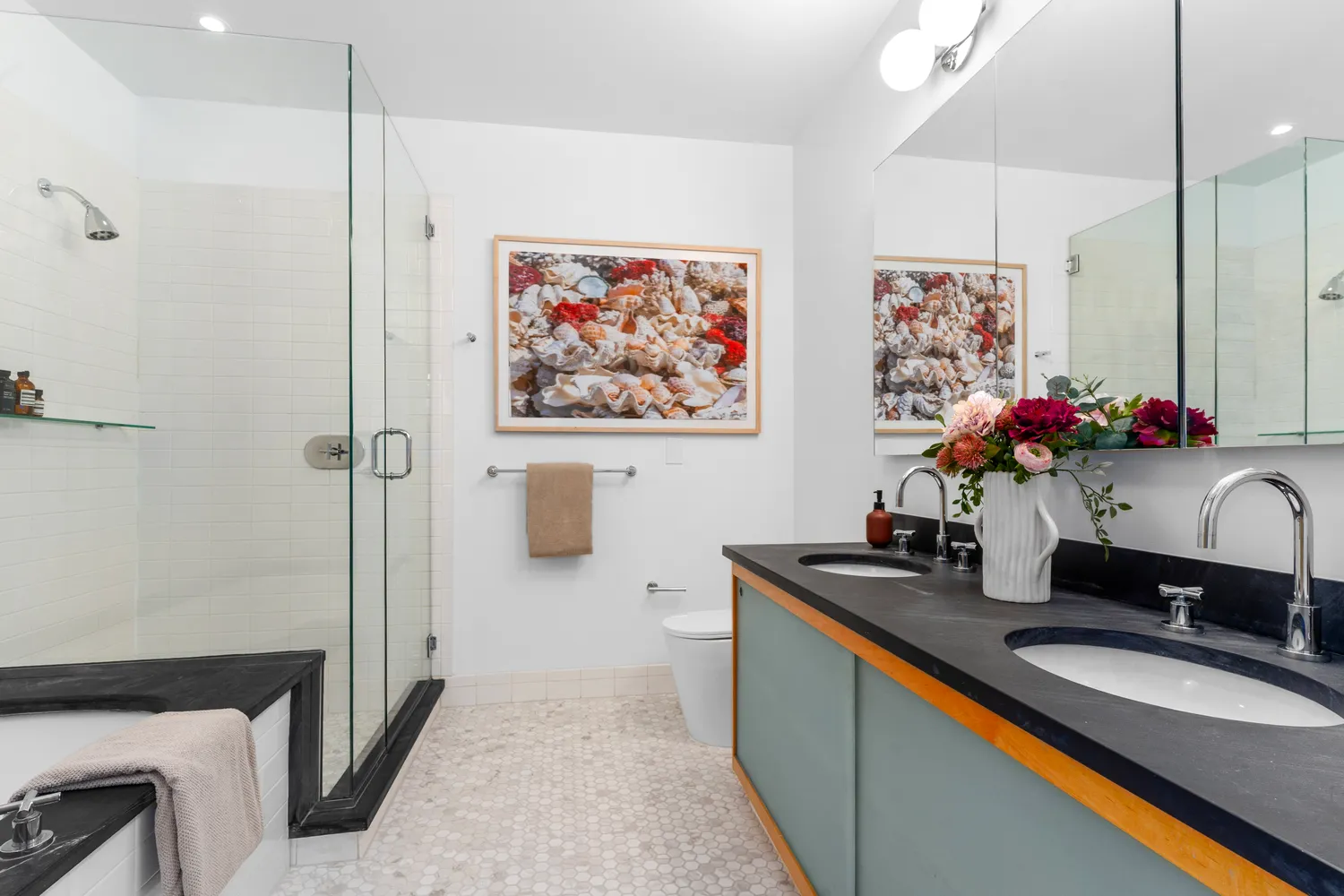 a living room with furniture and a table