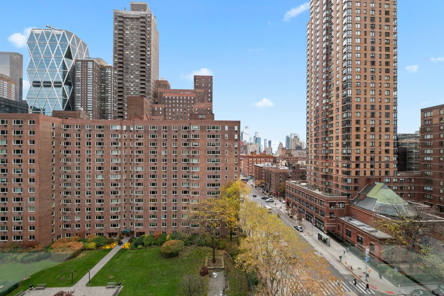 a city view with tall buildings