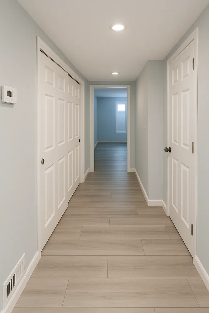 a view of a hallway with wooden floor