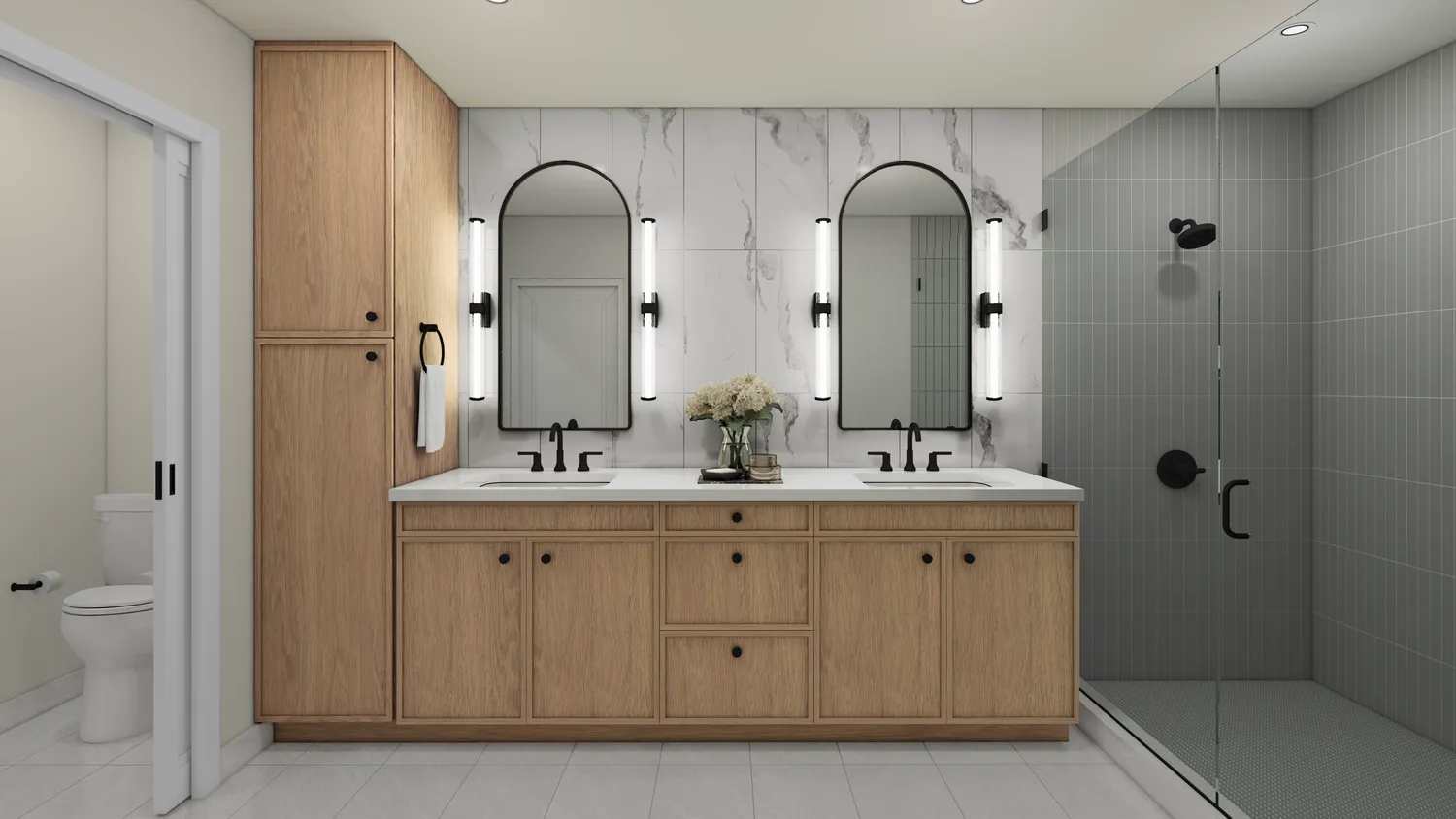 a bathroom with a double vanity sink mirror and toilet