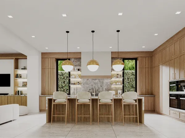 a view of a kitchen with dining table and chairs