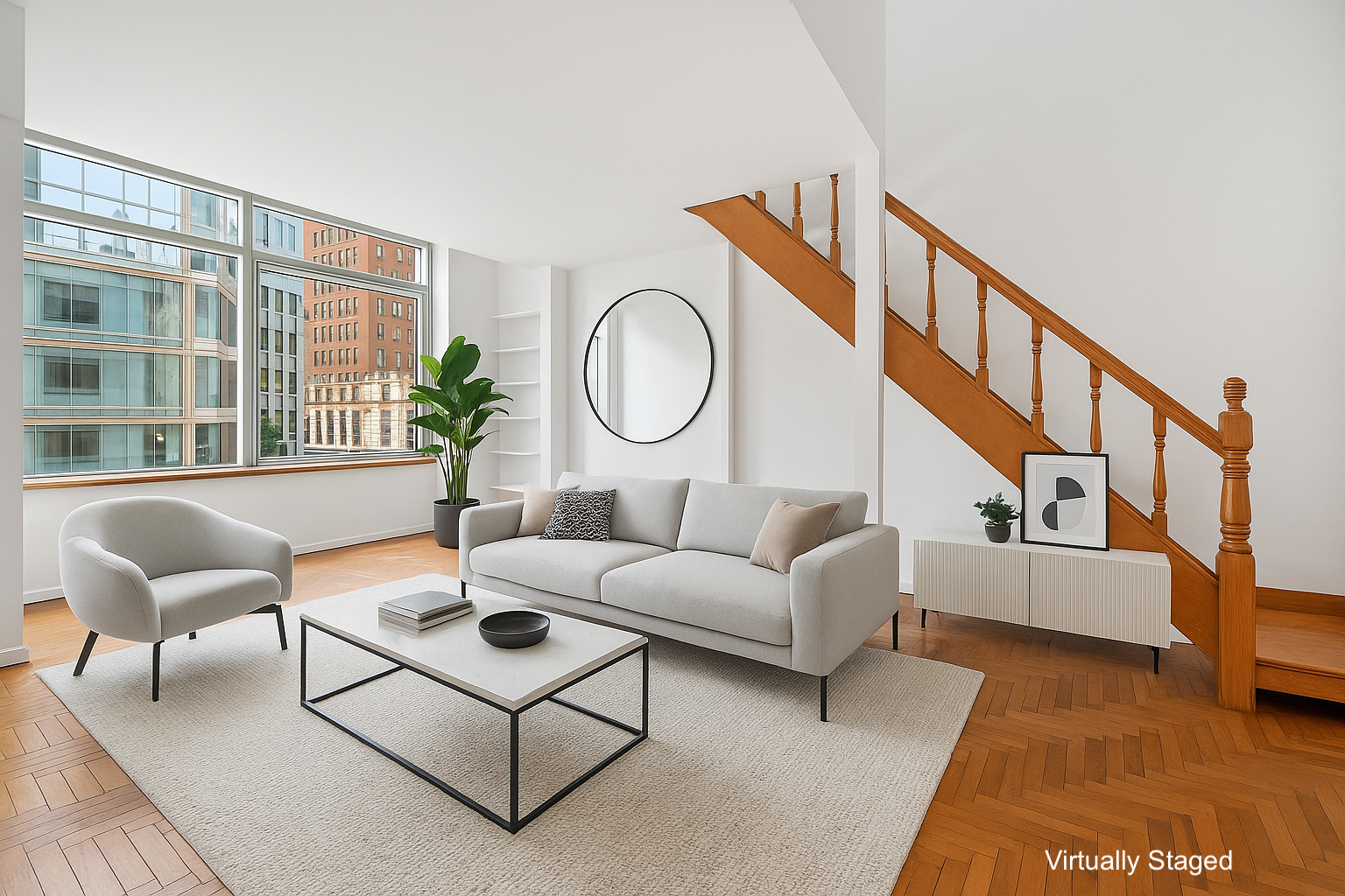a living room with furniture a rug potted plant and a large window