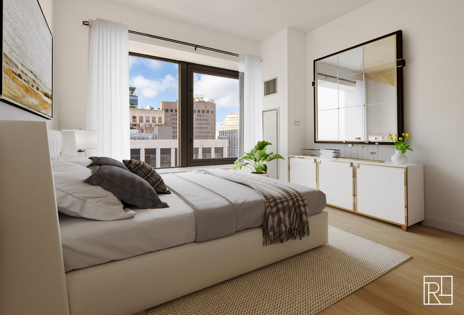 75 Wall Street, Unit 28D Manhattan, NY 10005 - Photo 4 of 35 a bedroom with a bed window and mirror